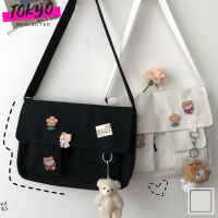 tokyosellectedshop(T1409) กระเป๋าผ้าสะพายข้างผ้าแคนวาส พร้อมเข็มกลัด 4 ชิ้น กระเป๋าผ้าวินเทจ