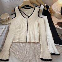 [COD] Off-the-shoulder long-sleeve design top womens 2022 autumn new slim fit and matching V-neck pullover sweater