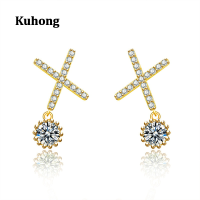 Kuhong Punk Gol/silver Cross ต่างหูเม็ดกลมฮิปฮอป Rhinestone เจาะสำหรับผู้หญิงผู้ชายเครื่องประดับแฟชั่น