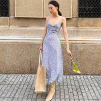 Shopping-Paradise Women Slip Long Dress แขนกุดลายดอกไม้พิมพ์ Backless Slim-Fit Dress เสื้อผ้าสไตล์เรียบง่าย