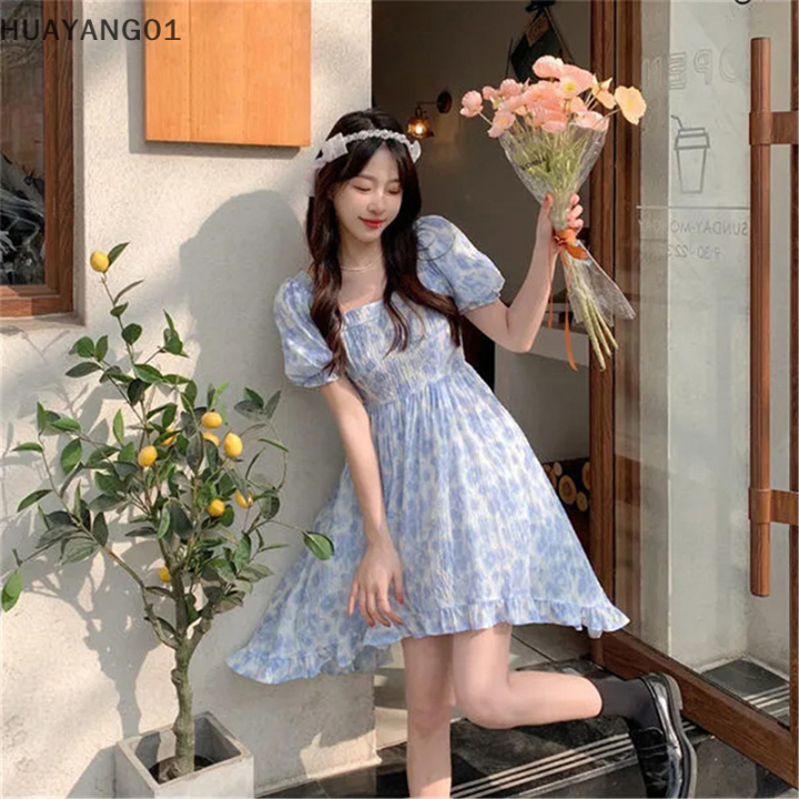 huayang01-2023ชุดเดรสเสื้อแขนสั้นมีปกสี่เหลี่ยมสูงต่ำสำหรับผู้หญิง-เดรสชุดเดรสมิดีลายดอกไม้สไตล์เกาหลีสำหรับฤดูร้อน