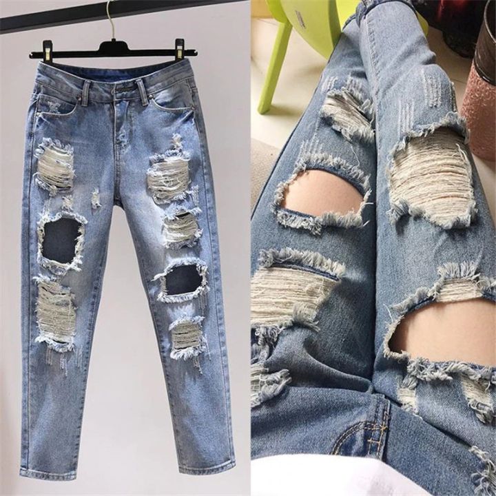 Denim Pocket Elastic Waist Trousers High Hole Jeans Plus Size