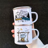 hotx【DT】 Printed Camper Mugs Camping Enamel Mug  Adventure Campfire Beer Juice Cup Mountain Handle Cups Gifts for