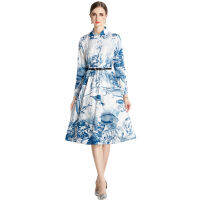 Women Early Spring New Products Retro Style Small Printed Mid-Length A- Line Large Hem Slim Dress