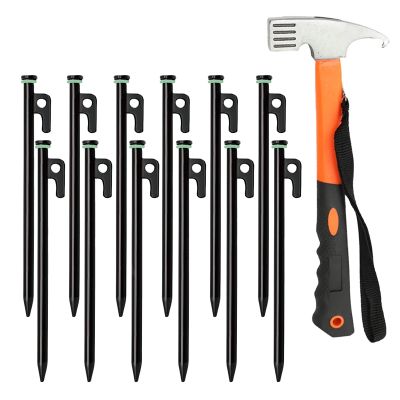 12 Pack Tent Stake with Hammer, Tent Stakes + Tent Stakes Hammer, for Rocks Grassland