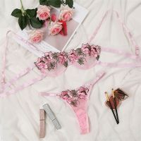 hot sale new womens underwear set thin section mesh see-through embroidery sexy lingerie underwire gather bra panty set