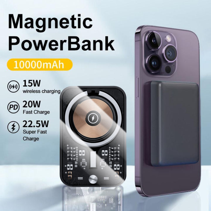 แบตสำรองมินิ-magsafe-power-bank-10000mah-pd-22-5w-fast-charging-โปร่งใส-ไร้สายชาร์จโทรศัพท์แบบพกพาขนาดใหญ่ความจุภายนอกสำหรับ-iphone14-13-12-11-8-samsung-huawei-oppo-xiaomi-vivo