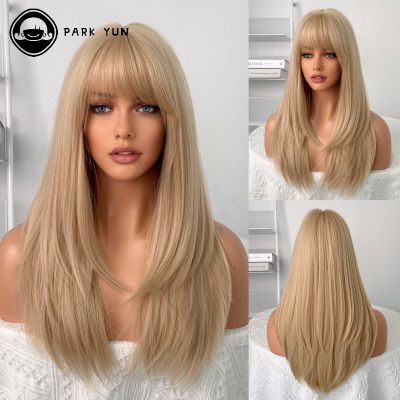 【jw】❣✾♂ Blonde Synthetic Wigs with Bangs for Woman Hair Resistant