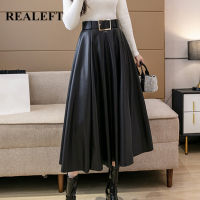 REALEFT 2021 New Autumn Winter PU Leather mi-long Womens Skirts with Belted High Waist A-line Skirt Mid-calf Umbrella Skirts