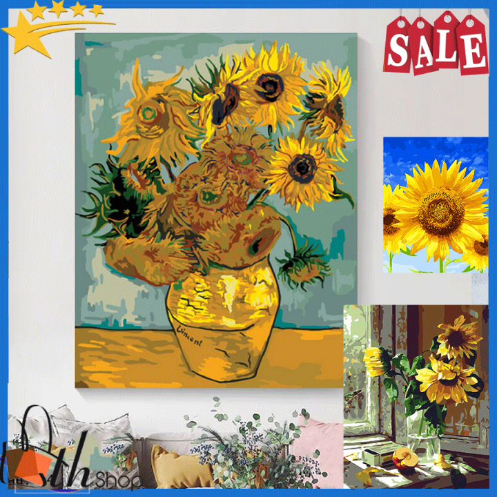CÓ SẴN KHUNG GỖ] Tranh tự tô màu sơn dầu số hóa bình hoa - Hoa hướng dương  Van Gogh Tranh trang trí và làm quà tặng, tranh trang trí treo tường |