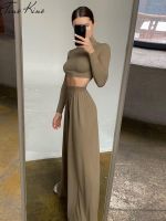 Casual Crop Tops Women Two Piece Set Long Sleeve Blouse High Waist Wide Leg Pants Female Suit 2023 Spring Streetwear Lady Sets