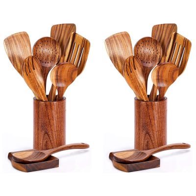 18 PCS Wooden Spoons for Cooking, Wooden Utensils for Cooking with Utensils Holder, Teak Wooden Kitchen Utensils Set