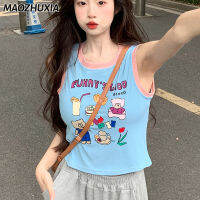 MAOZHUXIA เสื้อการ์ตูนเสื้อกั๊กแขนกุดพิมพ์ลายเข้ารูปพอดีครอปสไปซ์สาว