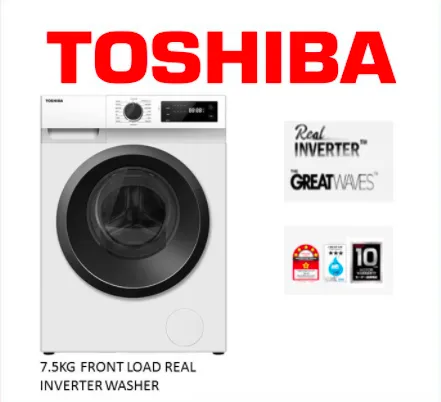 Toshiba 7.5KG FRONT LOAD INVERTER WASHING MACHINE MESIN BASUH AUTO TW ...