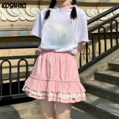KOSAHIKI High Waist Mini Skirt Japan Cute Sweet Faldas Mujer Moda 2022 High Quality Lace Patch Pleated Skirts Women Summer Saia