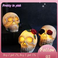 PRETTY IN PINK 1 สีขาวขาว ผีกะโหลกศีรษะจำลอง เรซิน สยองขวัญแบบน่ากลัว ตกแต่งฮาโลวีน ตกแต่งปาร์ตี้ DIY กระโหลกศีรษะ ไฟ LED รูปปั้นหัวโครงกระดูก เครื่องประดับตกแต่งบ้าน