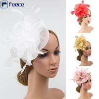 FEECE Fascinator Tulle หมวกงานแต่งงานปาร์ตี้ที่คาดผมติดโบว์ขนนกรูปดอกไม้คาดศรีษะสำหรับผู้หญิง