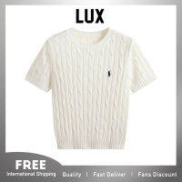 Lux ฤดูร้อนใหม่ถักเสื้อยืดสำหรับผู้หญิงคลาสสิกวินเทจโลโก้ตะเข็บแขนสั้นประเดิมสาวด้านบน