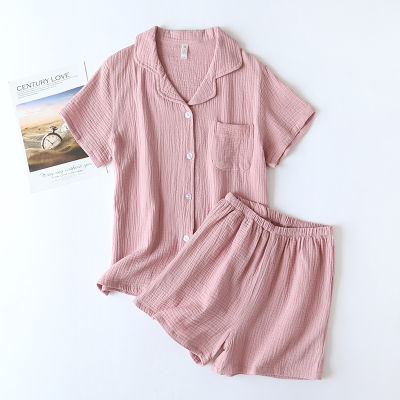 New spring and summer couple pajamas short-sleeved shorts two-piece 100 cotton crepe men and women plus size home service set