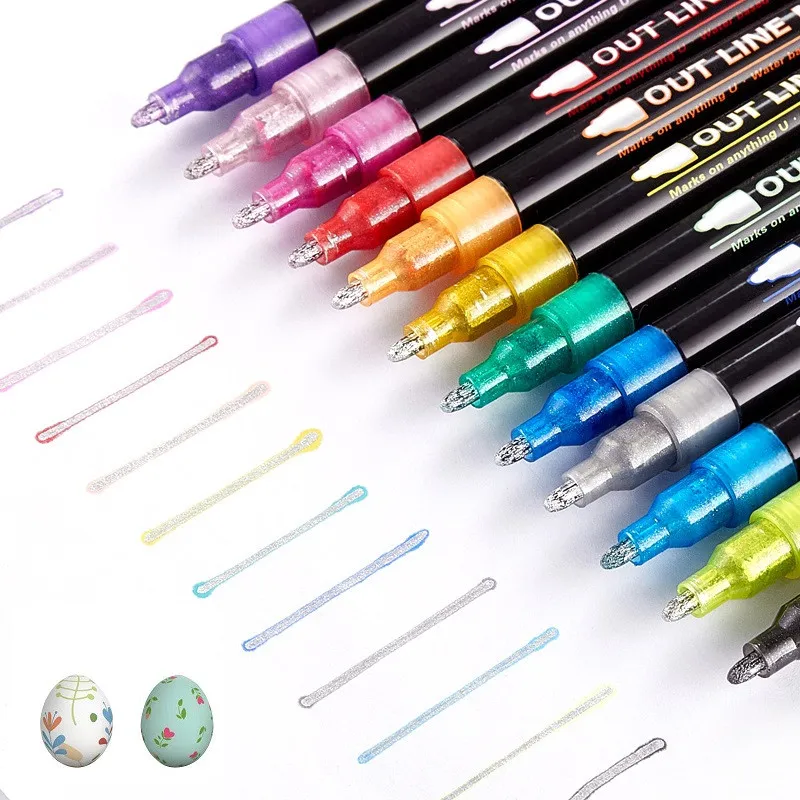 12pcs/set Outline Metallic Markers, Double Line Magic Shimmer