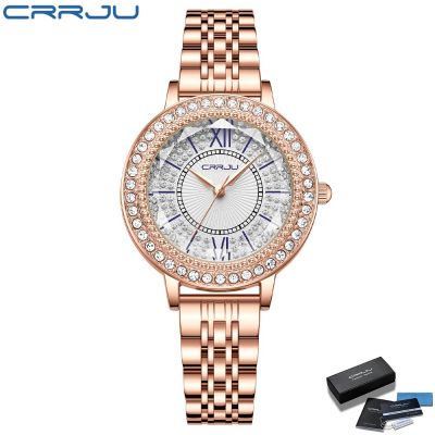 CRRJU นาฬิกาข้อมือควอทซ์สแตนเลสสตีลแบบบางเรียบหรูสำหรับผู้หญิงดูหรูหราประกายพลอยเทียม