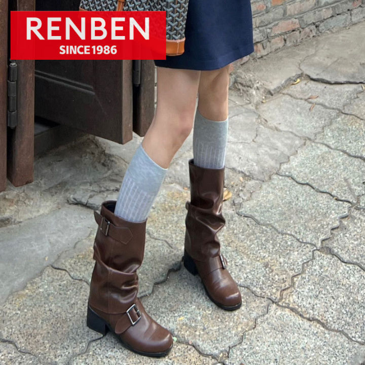 renben-รองเท้าบูทผู้หญิงผู้หญิง-รองเเท้าบูทจักรยานยนต์รองเท้าบูทอัศวินอเมริกาแบบย้อนยุครองเท้าบูท-martin-จีบส้นสูงฝรั่งเศส