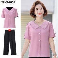 Middle-aged and elderly womens summer dress fashion suit middle-aged short-sleeved T-shirt foreign style large size mother top two-piece set