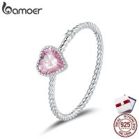 bamoer Real 925 Sterling Silver Pink Love CZ Ring For Fashion Women Cute Fine Jewelry Wedding Accessories Gift BSR157 r