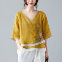 Wewae6323สไตล์จีน Hanfu 2021ฤดูร้อนสไตล์ใหม่วรรณกรรม Retro Cotton และผ้าลินินแผ่นปุ่ม V คอเสื้อยืดลายปักเสื้อยืดผู้หญิงผู้หญิง