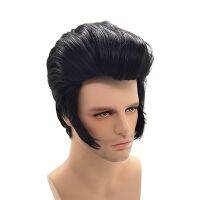 ผู้ชายนักร้องร็อค Elvis Aron Presley วิกผมคอสเพลย์ปาร์ตี้เอลวิสเพรสลีย์วิกผมวิกผมสำหรับงานปาร์ตี้สังเคราะห์สีดำ + ตาข่ายคลุมผมสำหรับใส่วิก