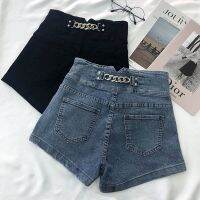 COD Hot Sale / High Waist Denim Shorts Womens 2022 Korean Version Retro Metal Chain Design Wide Leg Pants