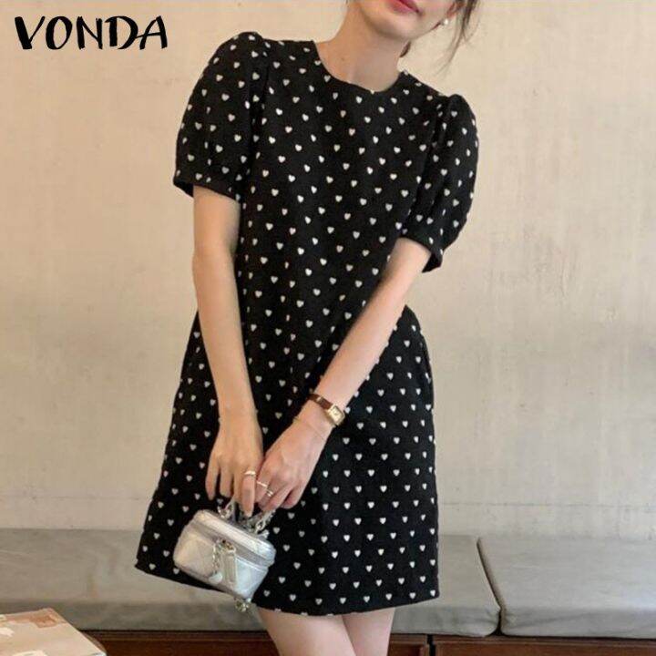 vonda-ชุดเดรสสั้น-คอกลม-แขนสั้น-แขนพัฟ-สไตล์เกาหลี-สําหรับผู้หญิง