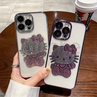 เคส IPhone สำหรับ iPhone 14 13 12 11 Pro Max 14 Plus XR XS Max แผ่นเคลือบสุดหรูฝาครอบป้องกันเลนส์กล้องรูปแมวน่ารักคิตตี้