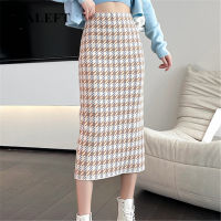 REALFFT 2021 New Winter Womens Knitted Pencil Skirts Elegant Houndstooth High Waist Casual Long Knitting Midi Skirts Female