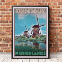 โปสเตอร์การเดินทางสไตล์วินเทจย้อนยุคหรือภาพผ้าใบ-Kinderdijk เนเธอร์แลนด์ภาพวาดตกแต่งบ้าน (ไร้กรอบ)