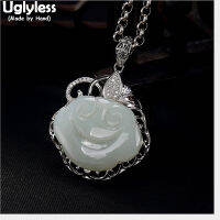 Uglyless 100 Real 925 Sterling Silver Ethnic Abstract Heart Pendants for Women Handmade Smile Face Jade Necklaces NO Chains