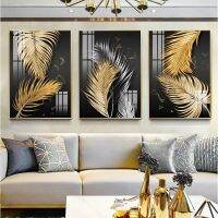 Sumanssa บทคัดย่อ Black Golden Leaf Abstract Gold Feather Wall Art ภาพวาดผ้าใบพิมพ์โปสเตอร์ภาพหรูหราสำหรับตกแต่งห้องนอน New