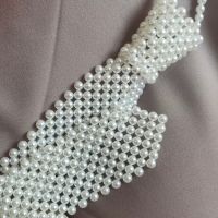 449B Women Hollow Out Woven Imitation Pearl Necktie Necklace Retro Weaving Beaded Vintage Jewelry Choker Shirt Tie Collar