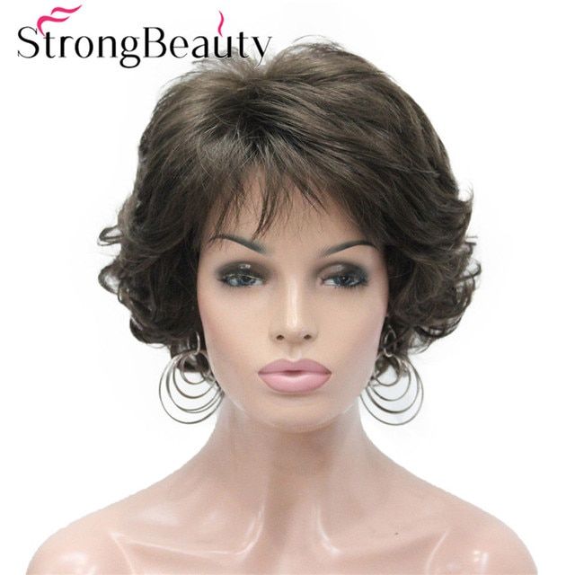 strongbeauty-วิกผมสตรีขนสั้นวิกผมทนความร้อนใยสังเคราะห์หยิกไม่มีหมวก