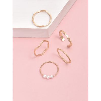 Xuyu 5PcsSet pearl Twist Korean simple Ring Set Gold Fashion ingers Knuckle Stackable Popular Joint Tail Ring