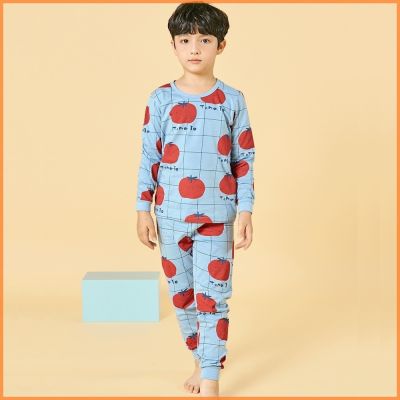 ✘❁ [UNIFRIEND] Kids Pajamas Boys Sleepwear Clothes Set Home Wear Long Sleeve 100 Organic Boys Pyjamas Nightwear (Check Tomato)
