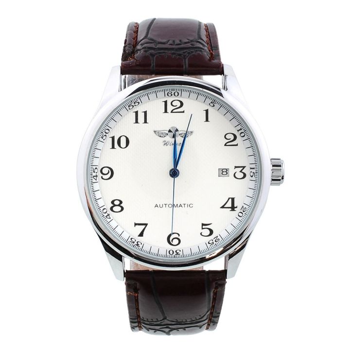 โครงกระดูกนาฬิกาไขลานหน้าปัดวันสีขาวกรอบสแตนเลสสตีลอะนาล็อกสายหนังสีน้ำตาลของขวัญนาฬิกาข้อมือผู้ชาย