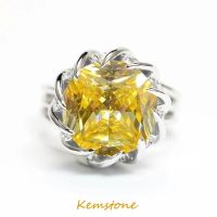 Kemstone แหวนเพชรรอบดอกบัวชุบเงินหรูหราแหวน7.5ct นำโชคสีเหลืองเงาคริสตัลแหวนปรับได้สำหรับผู้หญิงของขวัญเครื่องประดับ