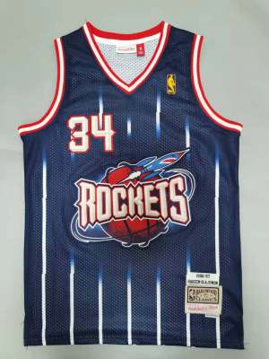 【NOV】 Most popular Retro NBA Mitchell Ness Houston Roket 34 Hakeem Olajuwon Navy Basketball Jersey