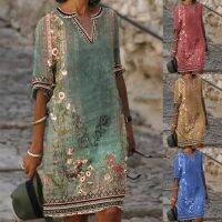 【HOT】❅ 2023 Womens New Printed Fashion S-3XL Design Knee Dresses V-neck Half Sleeve Size