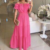 แฟชั่นเอว Tunic Maxi Dress Lace-Up Ruffles ยาวหญิงปิดไหล่เย็น Vestidos Robes Longues