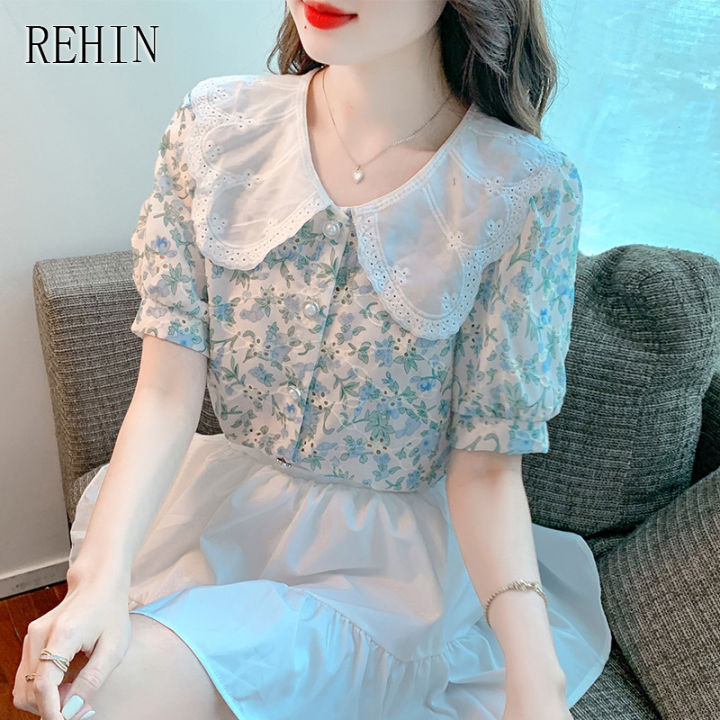 rehin-เสื้อปักลายดอกไม้แขนสั้นสำหรับผู้หญิง-เสื้อเบลาส์หรูหราแบบใหม่