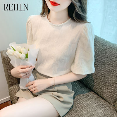 REHIN เสื้อเวอร์ชันเกาหลีฤดูร้อนของผู้หญิงเสื้อแขนพองปักหมุดคอกลมเสื้อแขนสั้นเสื้อชีฟอง