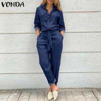 VONDA Women Spring Autumn Long Sleeve Plain Turn-down Button Up Long Jumpsuit