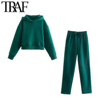 TRAF Women Fashion Autumn Winter Tracksuit Two Set Fleece Sweatshirt Hooded Loose Ribbed Hoodies Warm Pants Sportswear Mujer